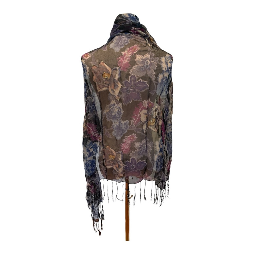 80s SILK FLORAL BOHO SCARF SHAWL W SEQUIN ACCENTS & BLACK FRINGE SZ 40 " X 43" - Picture 4 of 5